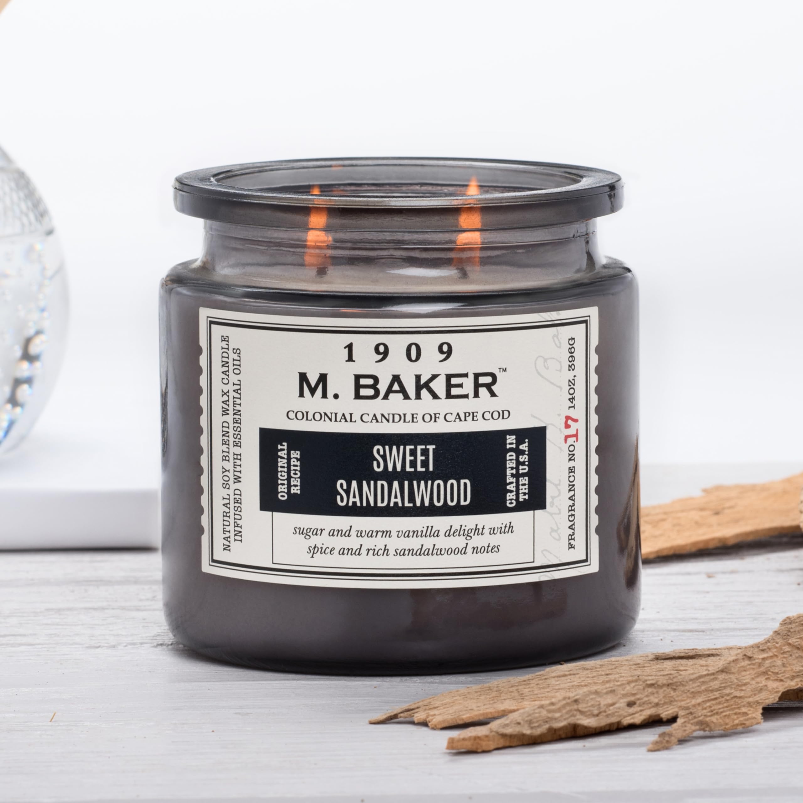 M. Baker by Colonial Candle Scented Apothecary Glass Jar Candle, Sweet Sandalwood, Natural Soy Wax Blend, 14 Oz, Two Premium Cot